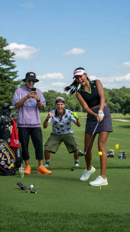 Golfers celebrating a great shot on the fairway