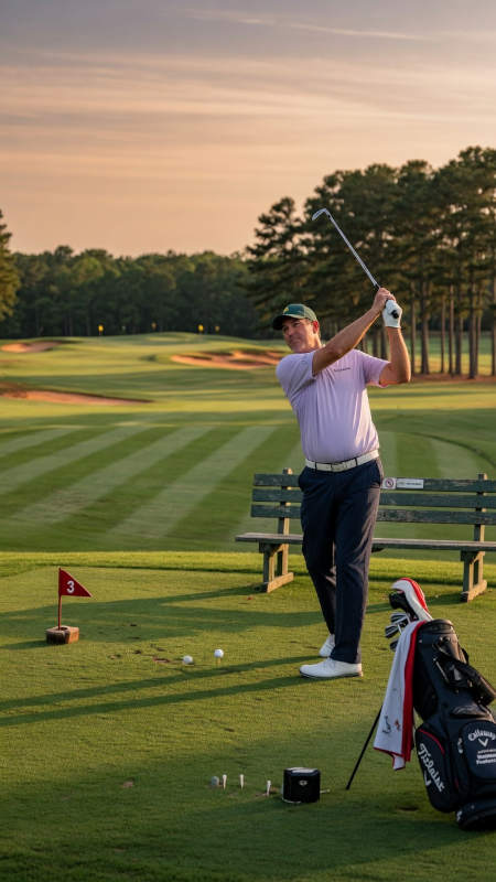 A golfer on the tee at dusk lining up a shot